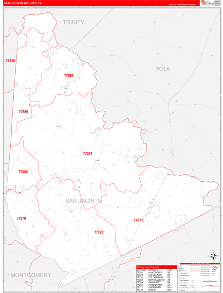 San Jacinto County Wall Map Red Line Style